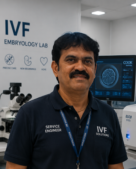 Esquire IVF service engineer holding a laptop in an embryology laboratory
